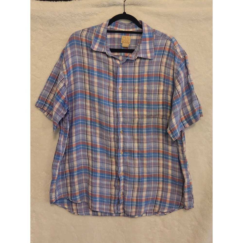 Jos. A. Bank Mens XL Blue Pink Plaid 100% Linen Short Sleeve Button Up Shirt‎